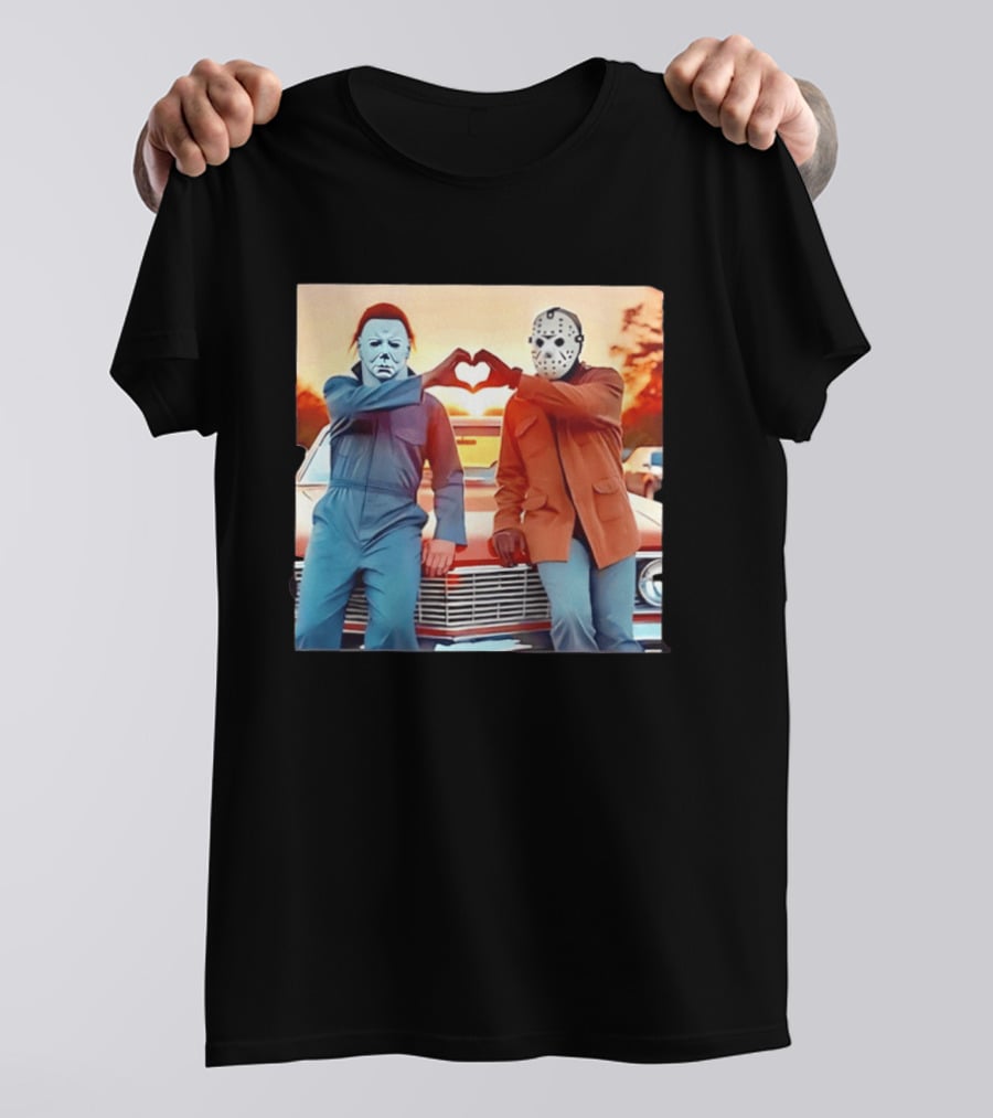 Jason Voorhees Michael Myers Heart Sign Halloween Retro Car Sunset T-Shirt