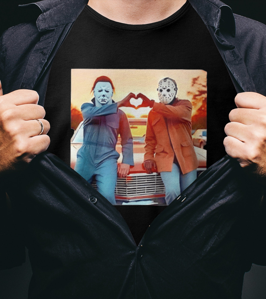 Jason Voorhees Michael Myers Heart Sign Halloween Retro Car Sunset T-Shirt