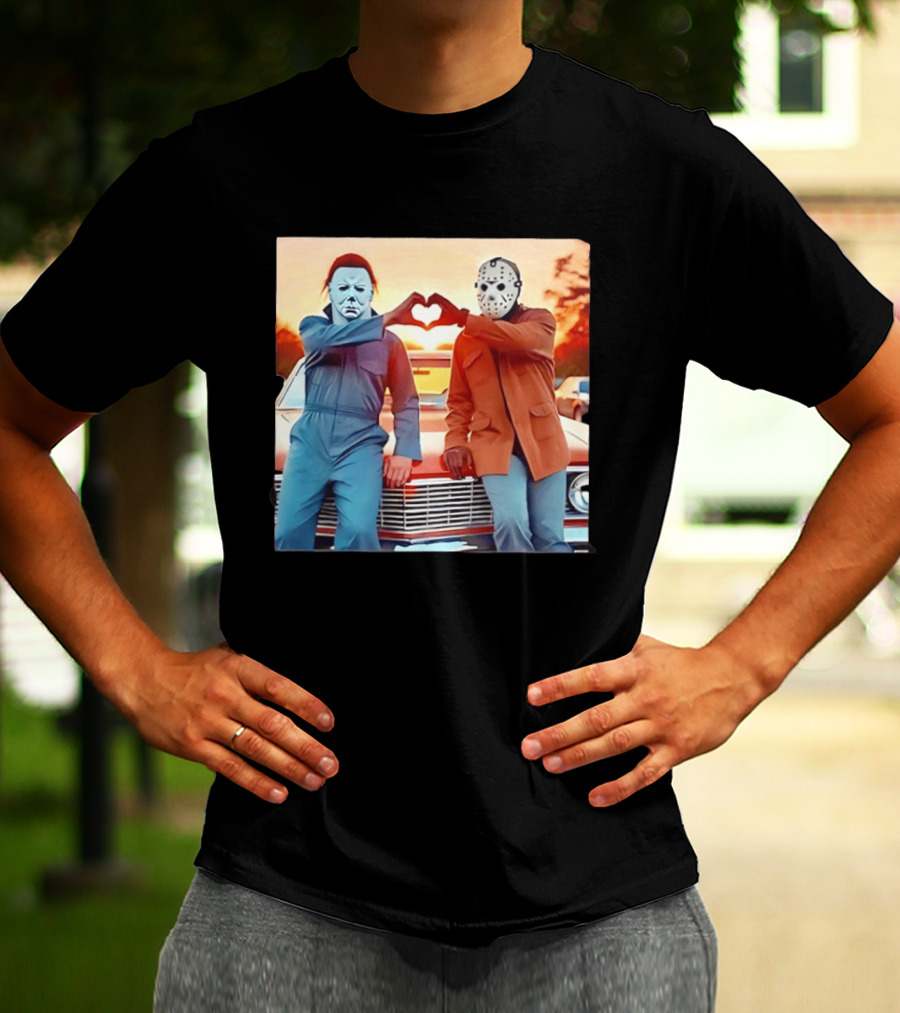 Jason Voorhees Michael Myers Heart Sign Halloween Retro Car Sunset T-Shirt