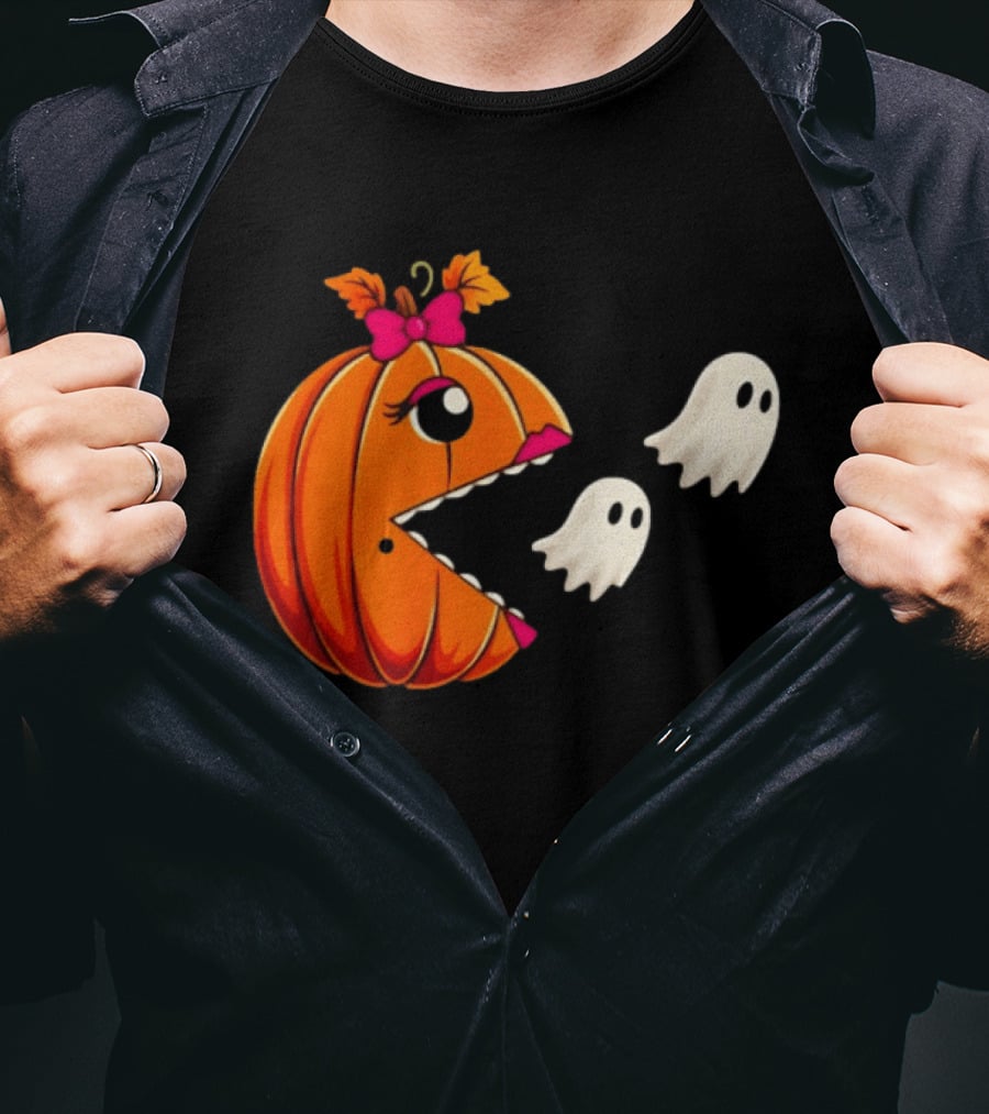 Ms PacMan Pumpkin Ghosts Halloween T-Shirt