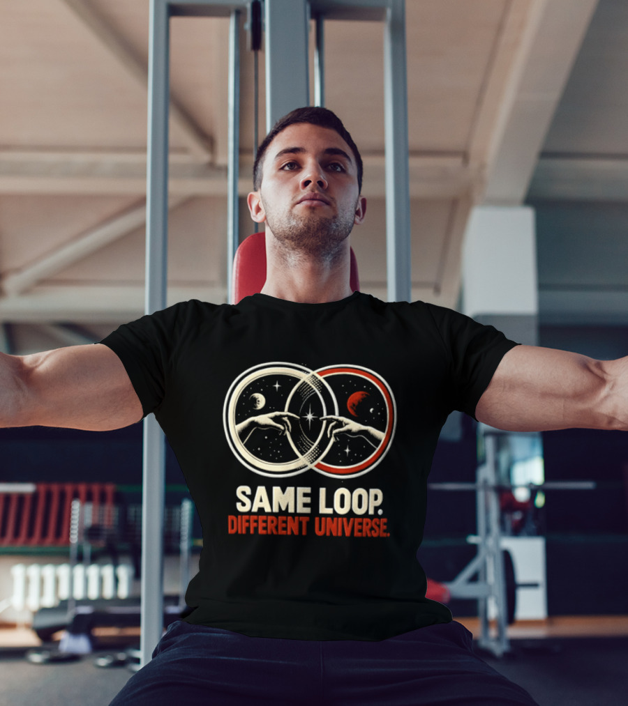 Same Loop Different Universe Intersecting Circles Two Hands Touching Lunar And Starry Night T-Shirt
