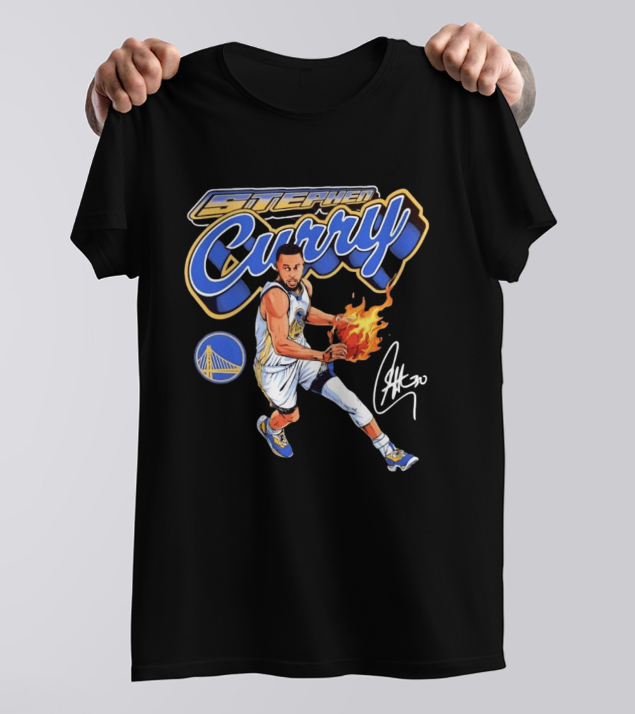 Stephen Curry Golden State Warriors Basketball Player With Flame Ball And Signature T-Shirt