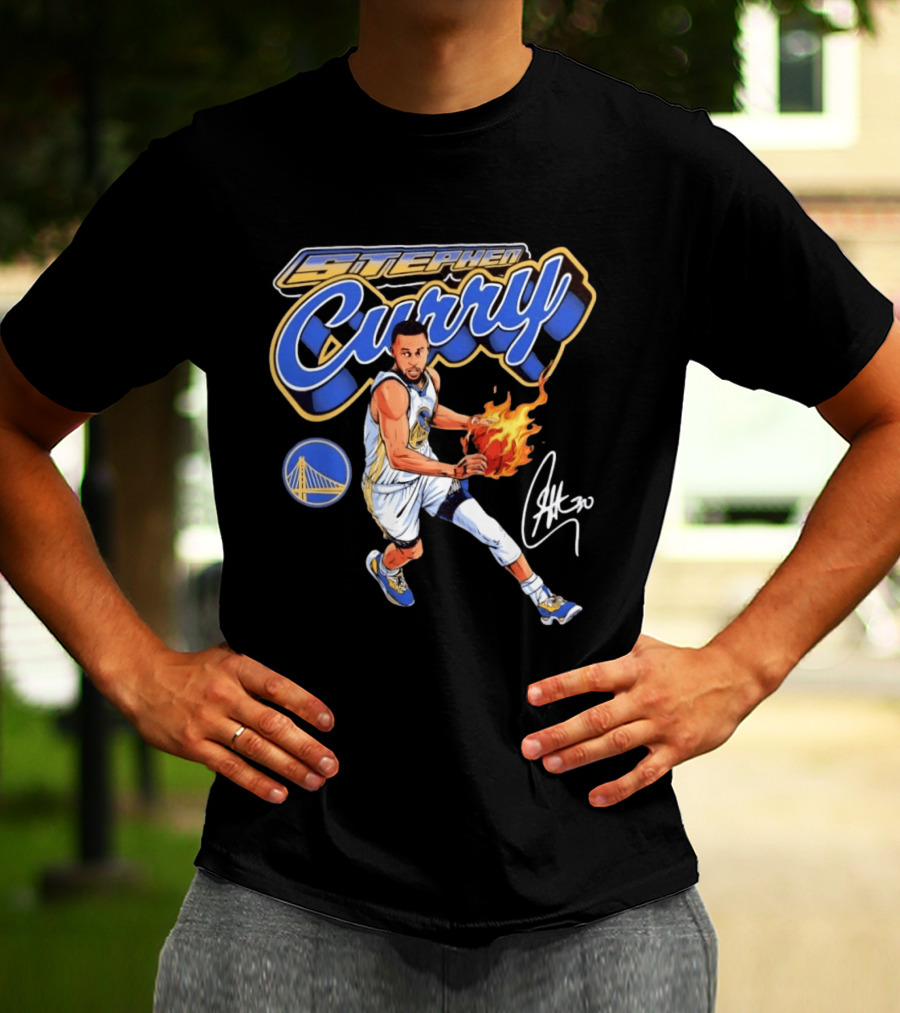 Stephen Curry Golden State Warriors Basketball Player With Flame Ball And Signature T-Shirt
