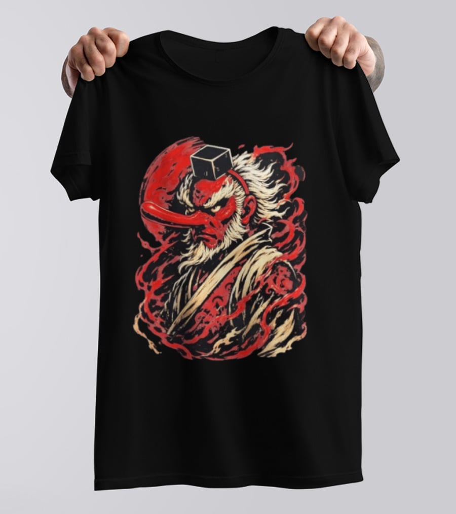 Tengu Japanese Warrior Spirit Mask Mythical Yokai Flame Aura T-Shirt