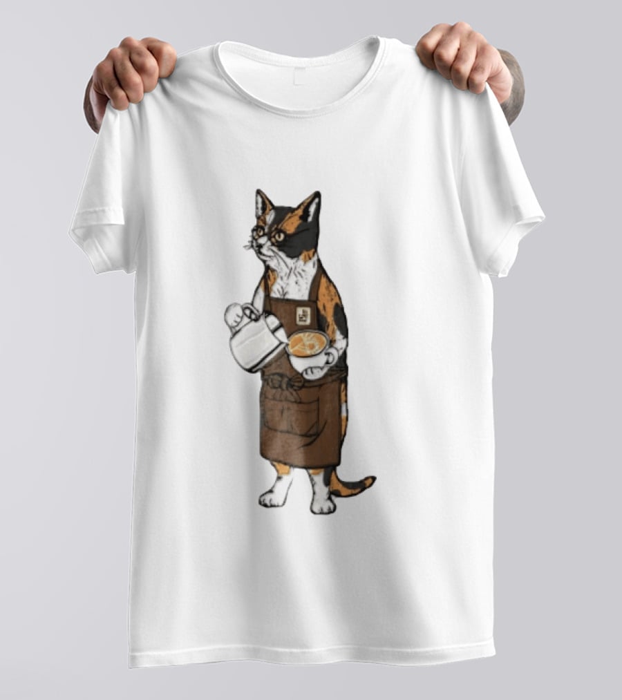 Cat Wearing Glasses And Apron Pouring Latte Art Coffee T-Shirt