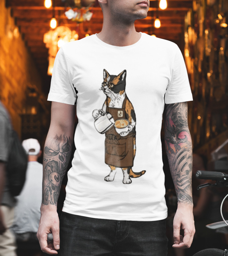 Cat Wearing Glasses And Apron Pouring Latte Art Coffee T-Shirt