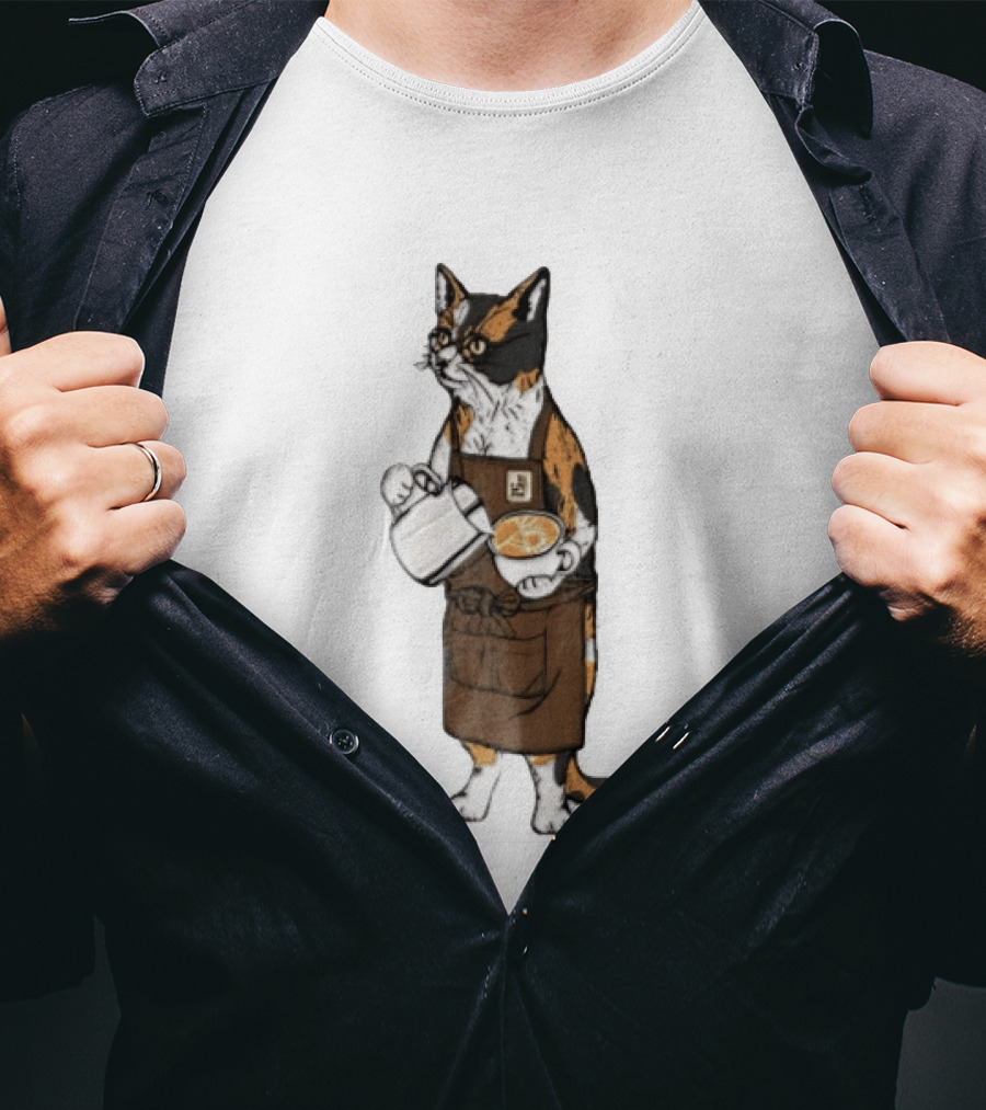 Cat Wearing Glasses And Apron Pouring Latte Art Coffee T-Shirt