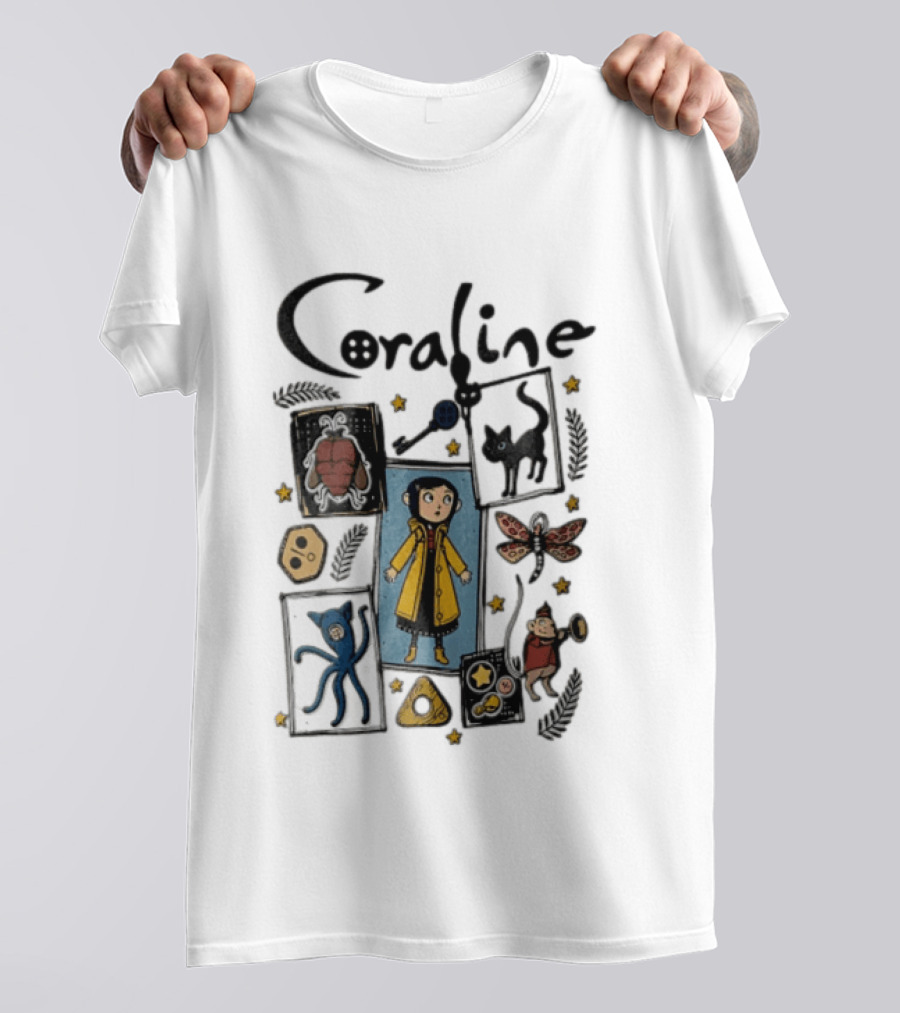 Coraline In Yellow Raincoat With Black Cat And Stars With Button Eyes T-Shirt