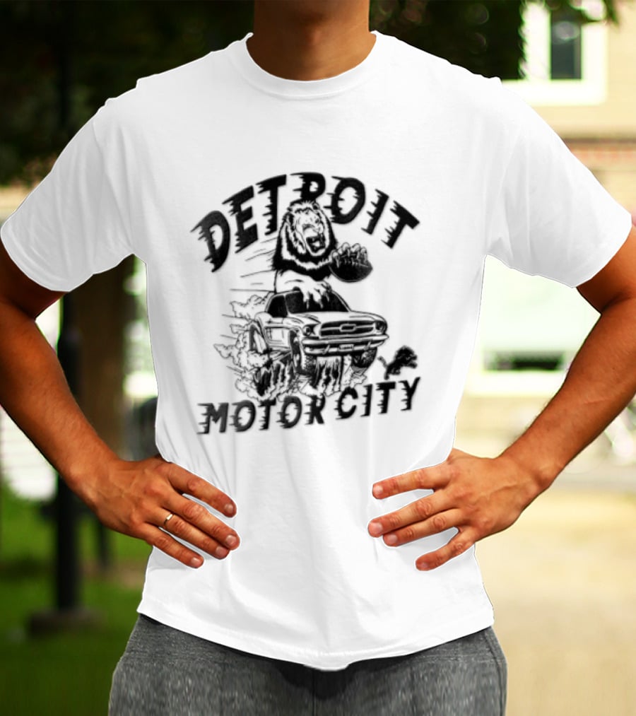 Detroit Lions Motor City Lion Holding Football Driving Car T-Shirt