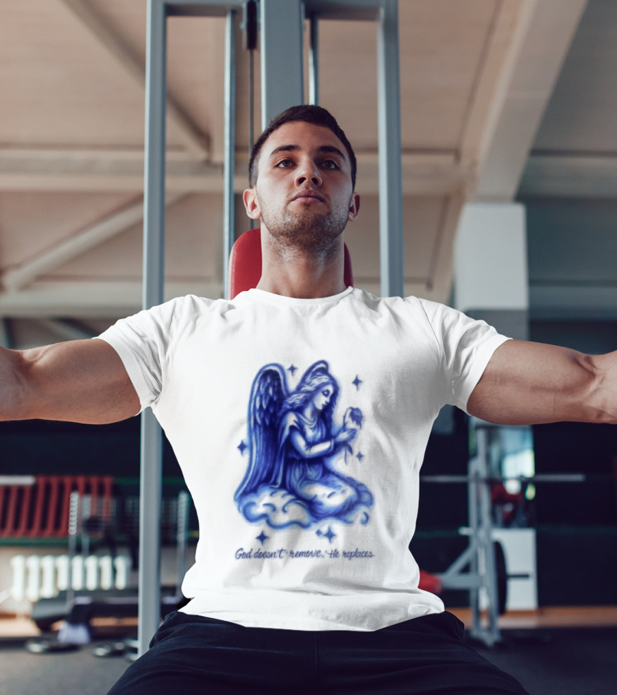 Angel Kneeling On Cloud Holding Flower God Does Not Remove He Replaces T-Shirt