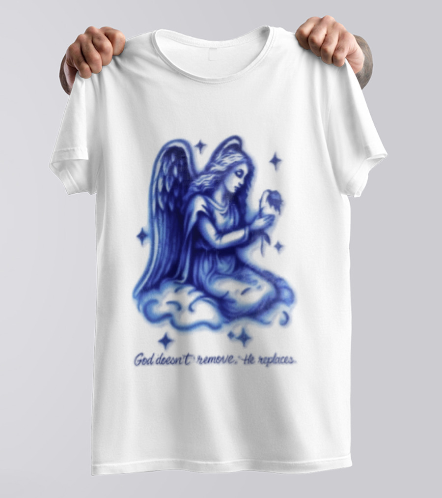 Angel Kneeling On Cloud Holding Flower God Does Not Remove He Replaces T-Shirt