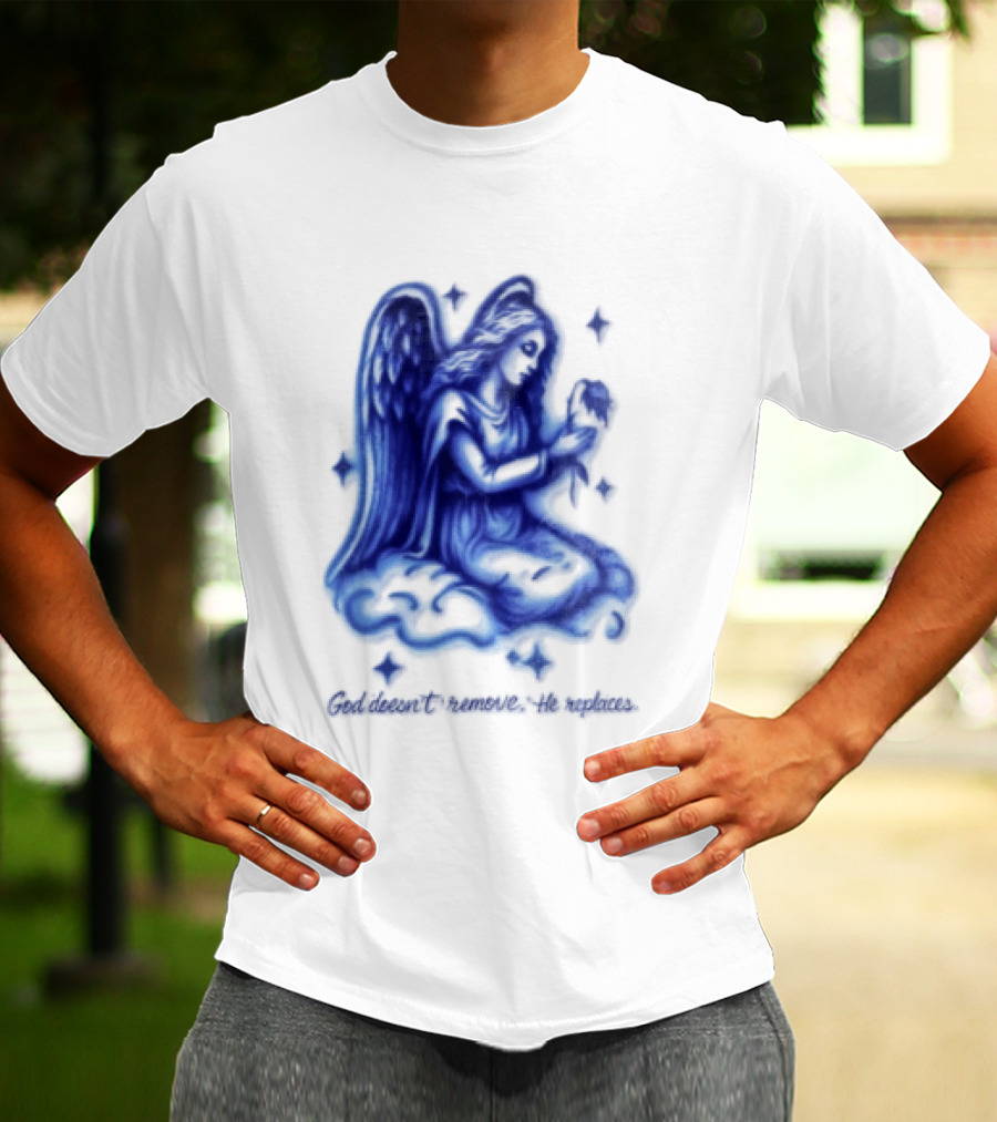 Angel Kneeling On Cloud Holding Flower God Does Not Remove He Replaces T-Shirt