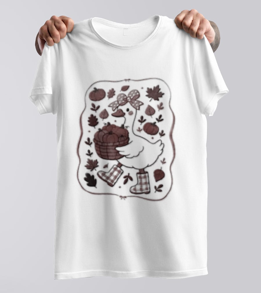 Goose Bow Rain Boots Basket Pumpkins Autumn Leaves T-Shirt