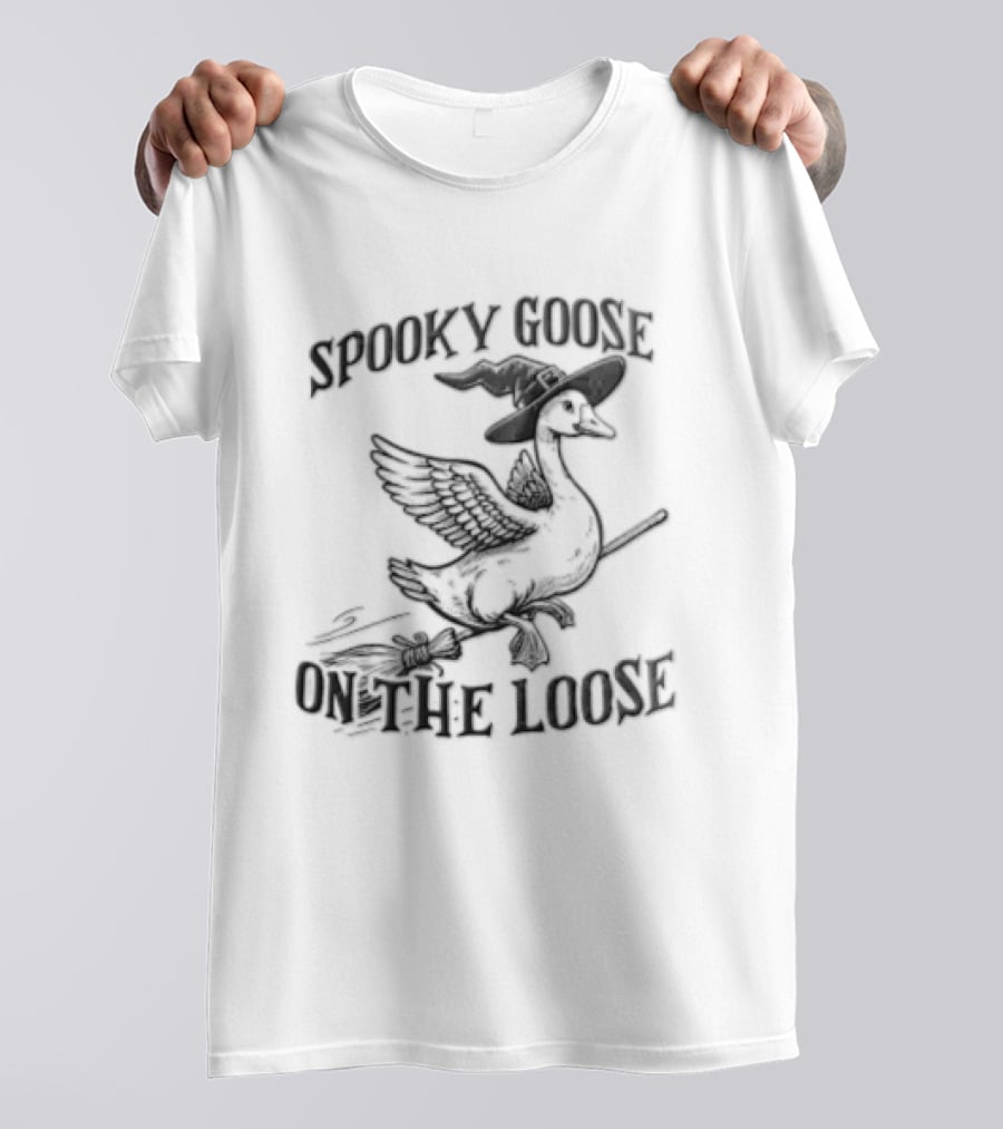 Spooky Goose On The Loose Halloween Witch Hat Broomstick T-Shirt
