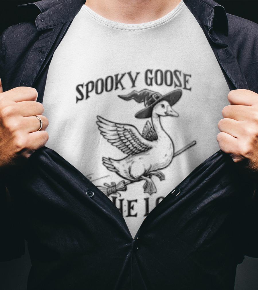 Spooky Goose On The Loose Halloween Witch Hat Broomstick T-Shirt