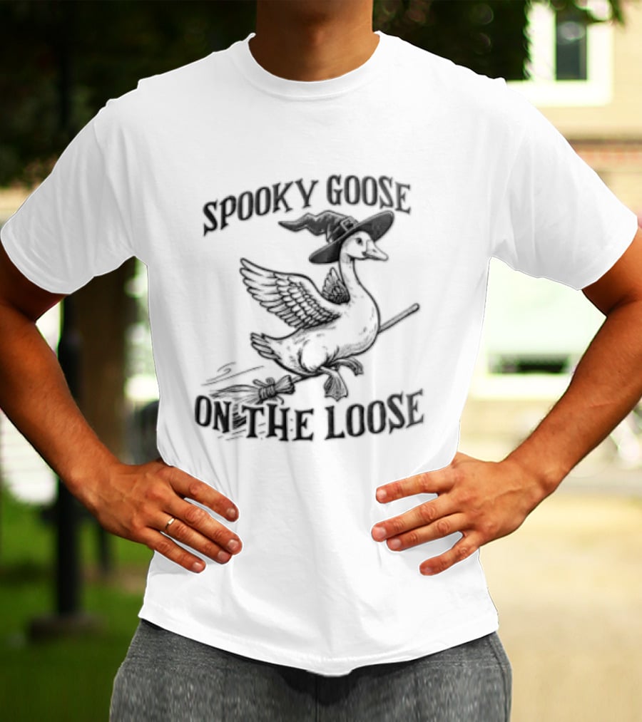 Spooky Goose On The Loose Halloween Witch Hat Broomstick T-Shirt