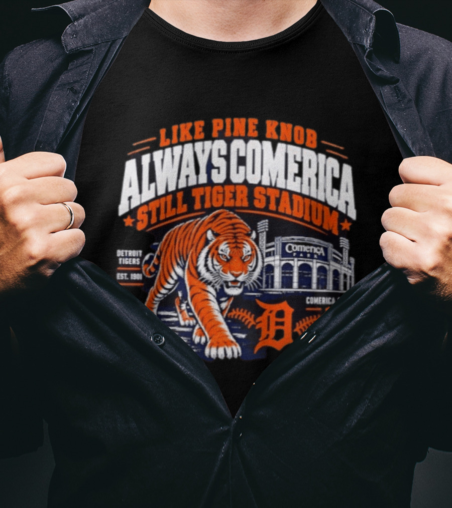 Detroit Tigers 2026 Pine Knob Comerica Tiger Stadium Est 1901 Iconic Baseball Tiger T-Shirt