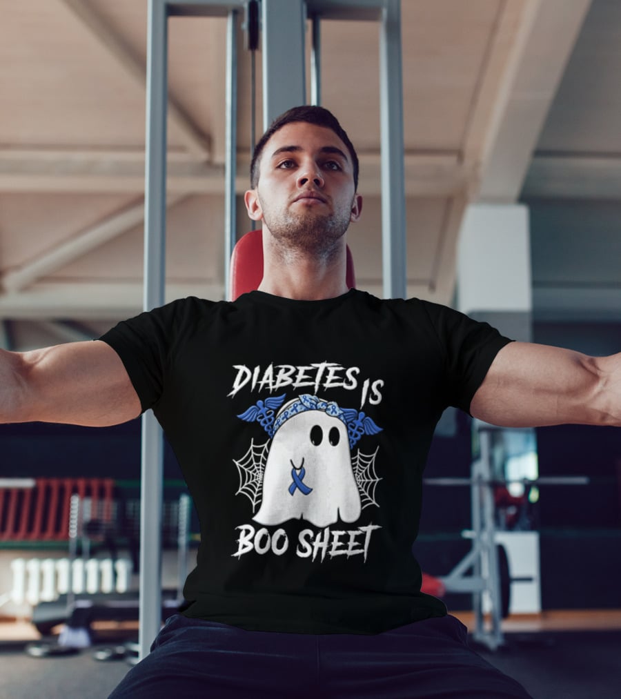 Diabetes IS BOO Sheet Ghost With Blue Ribbon Headband Halloween T-Shirt