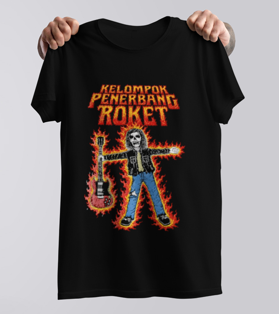 Kelompok Penerbang Roket Skeleton Guitarist In Flames Keegan Records T-Shirt