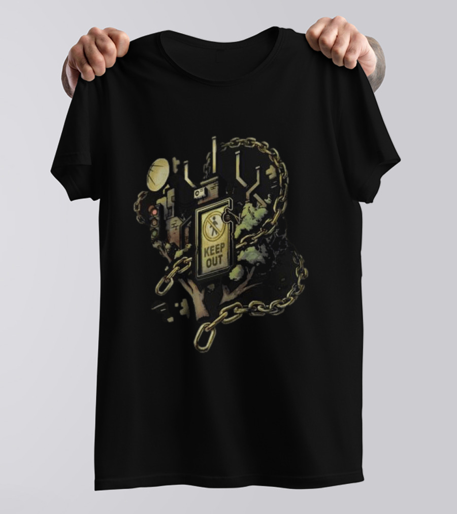 Mindcap Store Heliopolis Keep Out Sign With Chains And Urban Landscape T-Shirt