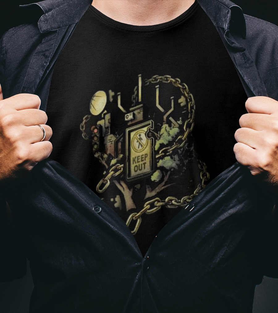Mindcap Store Heliopolis Keep Out Sign With Chains And Urban Landscape T-Shirt