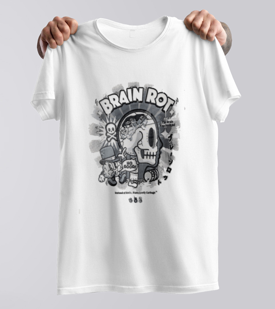 BRAIN ROT Skull Top Hat No Good Text Vintage Cartoon T-Shirt