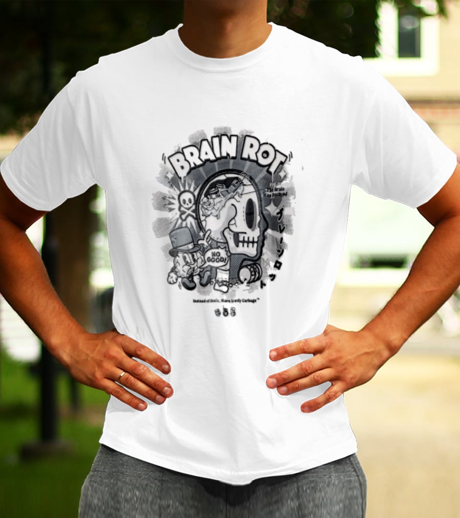 BRAIN ROT Skull Top Hat No Good Text Vintage Cartoon T-Shirt