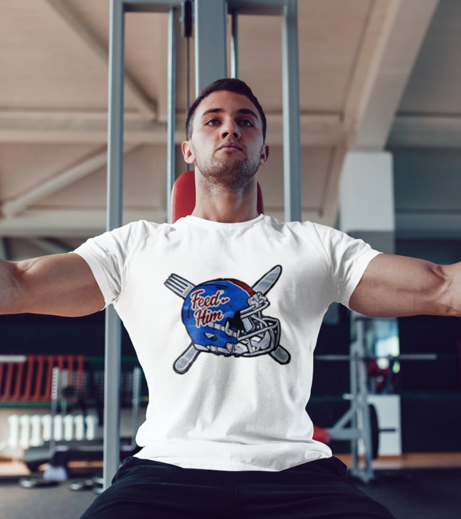 Feed Him Blue Football Helmet Crossed Utensils Fork Knife T-Shirt