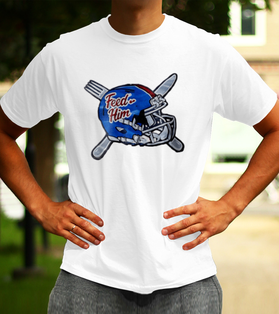 Feed Him Blue Football Helmet Crossed Utensils Fork Knife T-Shirt