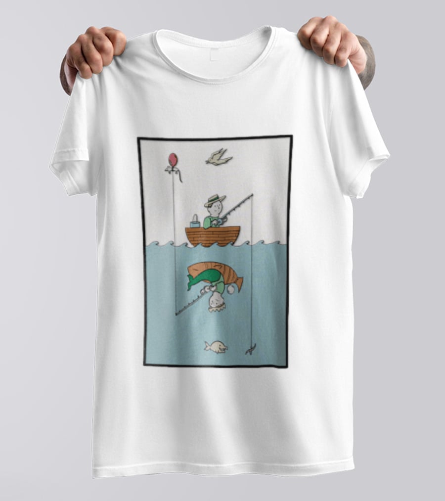 Fisherman In Boat Catching Hidden Mermaid With Fishing Line T-Shirt