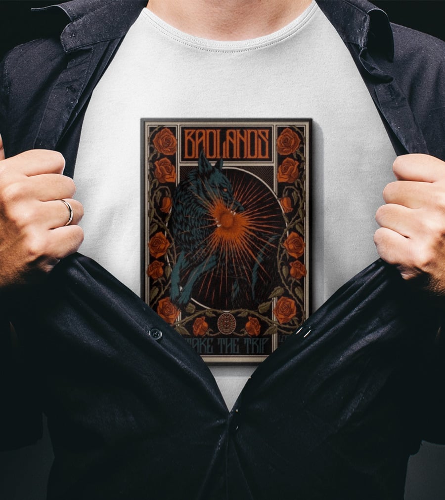 BADLANDS Festival Aug 20 22 2027 Take The Trip Stokterweg 14 Lottum Netherlands Retro Wolf And Roses T-Shirt