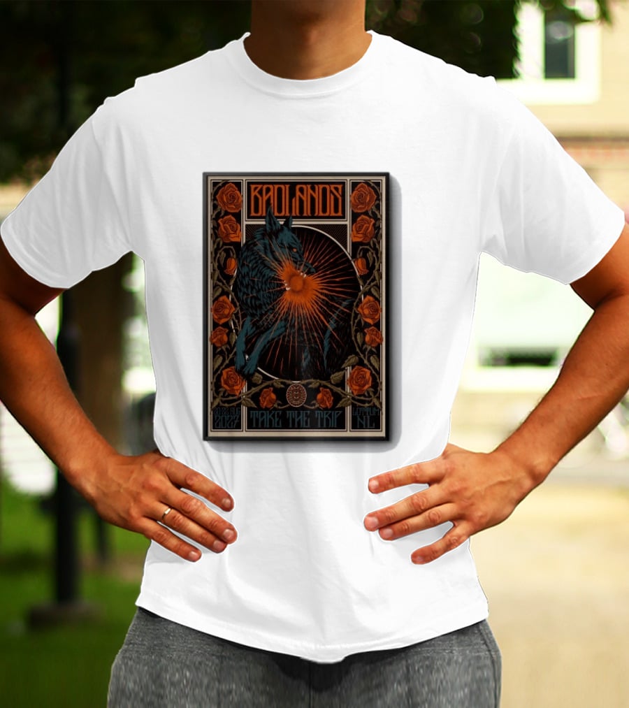 BADLANDS Festival Aug 20 22 2027 Take The Trip Stokterweg 14 Lottum Netherlands Retro Wolf And Roses T-Shirt