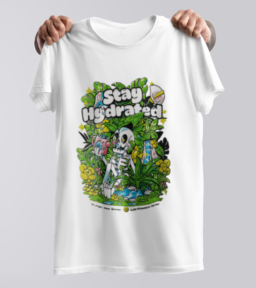 Stay Hydrated Quirky Skeleton Watering Lush Greenery And Flowers T-Shirt