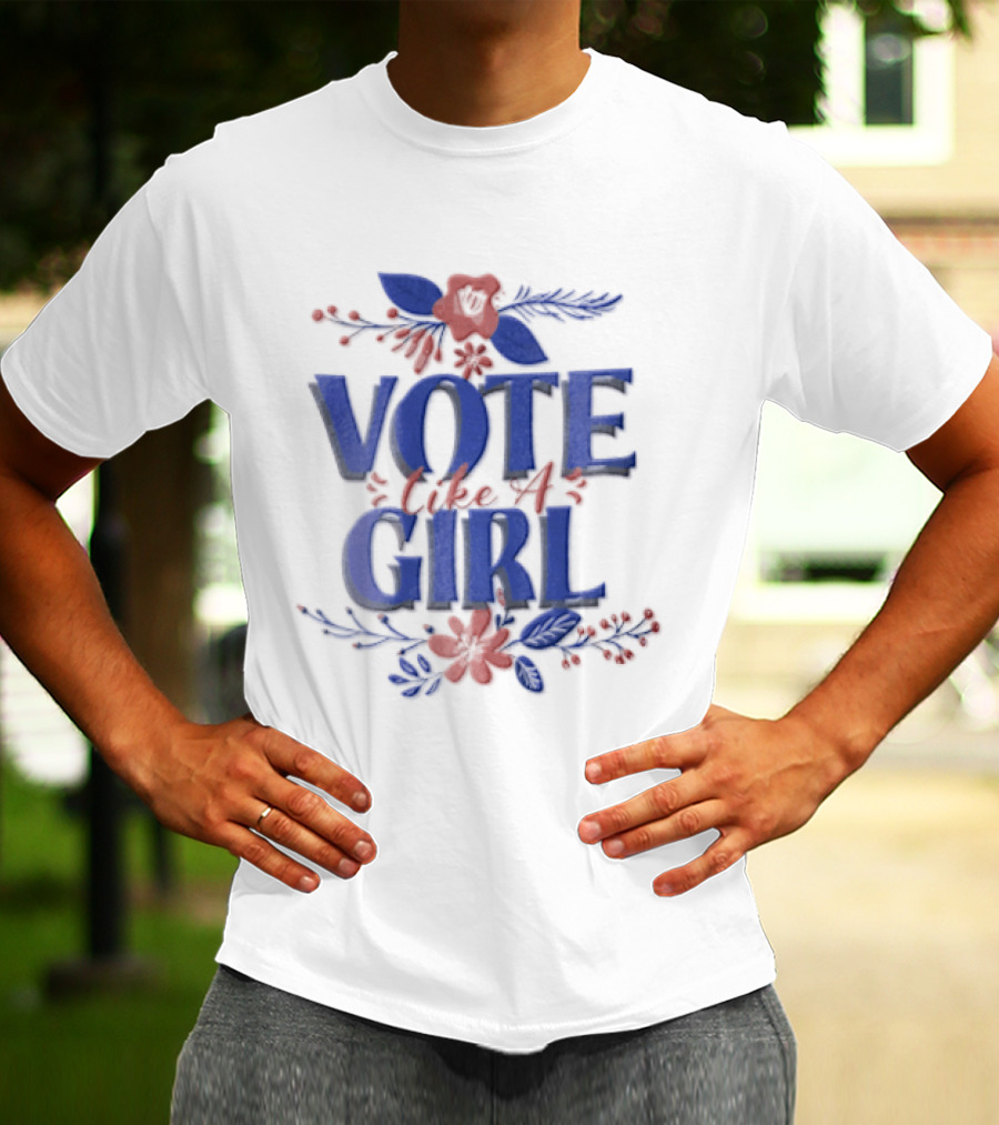 Vote Like A Girl Blue Red Pink Floral Accents T-Shirt