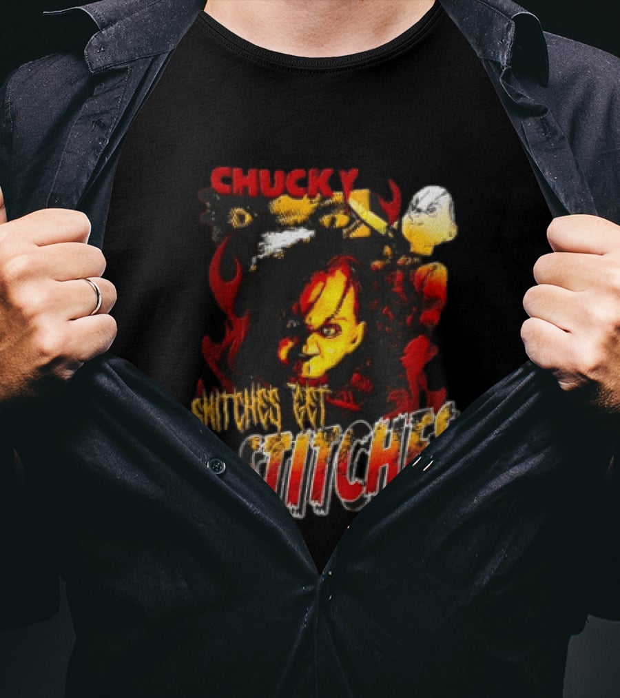 Chucky Snitches Get Stitches Horror Doll With Knife And Eyeballs T-Shirt
