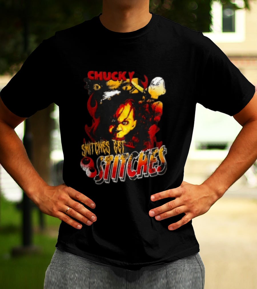 Chucky Snitches Get Stitches Horror Doll With Knife And Eyeballs T-Shirt