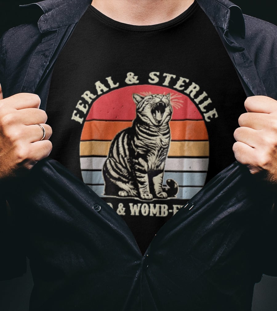 Feral And Sterile Yawning Tabby Cat Wild And Womb Free Sunset Stripes T-Shirt