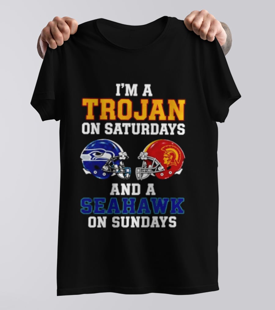 I'm A Trojan On Saturdays And A Seahawk On Sundays Football Helmets T-Shirt