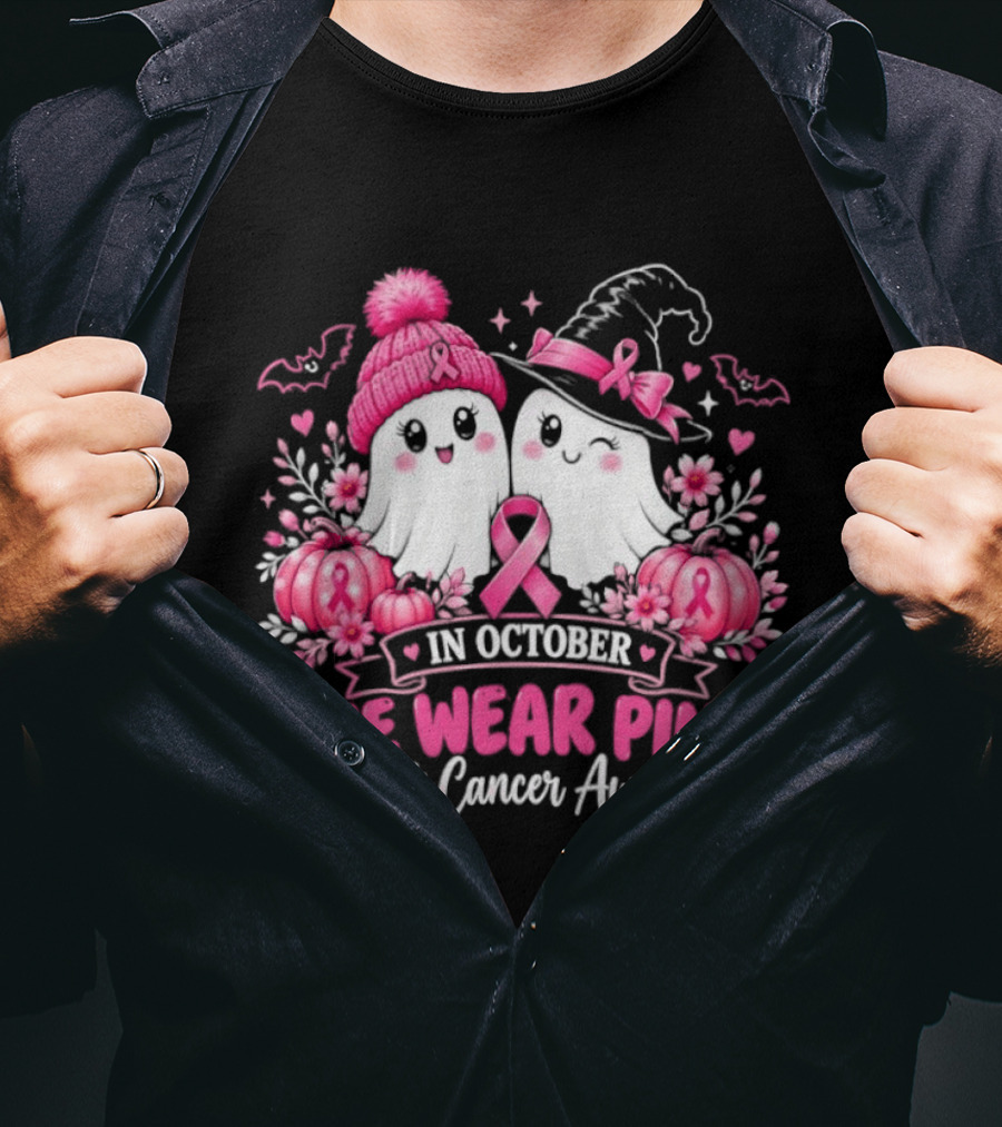 In October We Wear Pink Breast Cancer Awareness Ghost Pumpkin Witch T-Shirt
