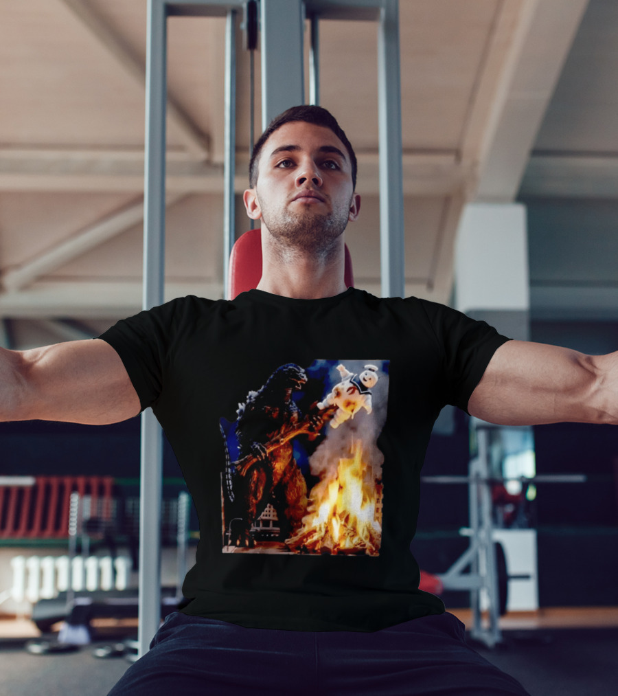 Kaiju Campfire Godzilla Holding Stay Puft Marshmallow Man T-Shirt