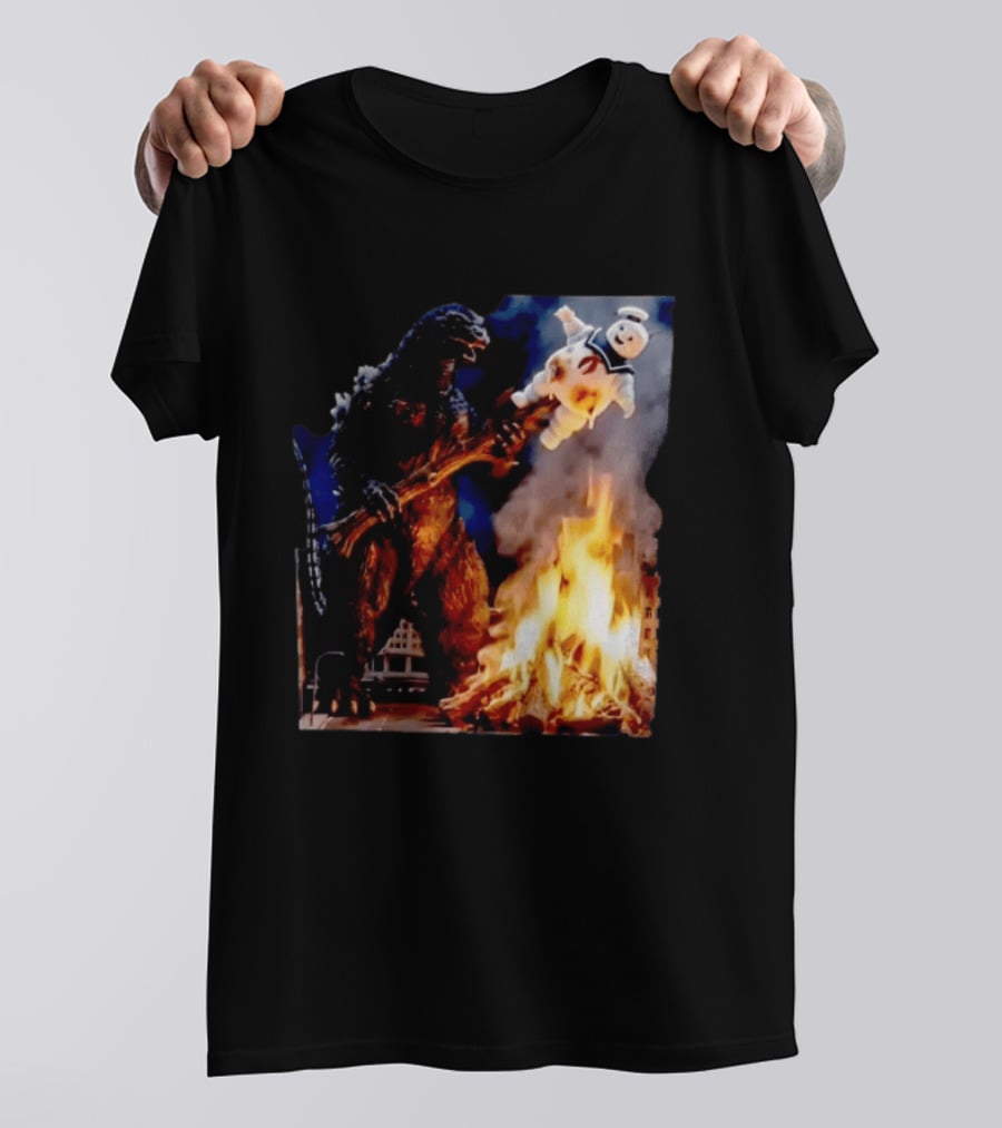 Kaiju Campfire Godzilla Holding Stay Puft Marshmallow Man T-Shirt