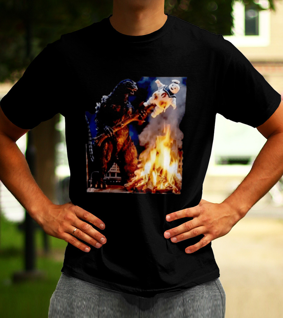 Kaiju Campfire Godzilla Holding Stay Puft Marshmallow Man T-Shirt