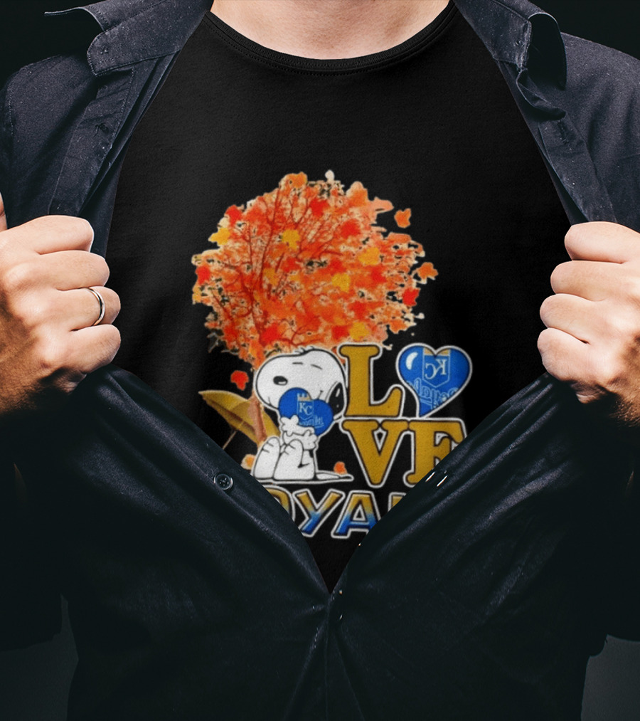 KC Royals Love Snoopy Hug Heart Peanuts Baseball Fall Tree T-Shirt