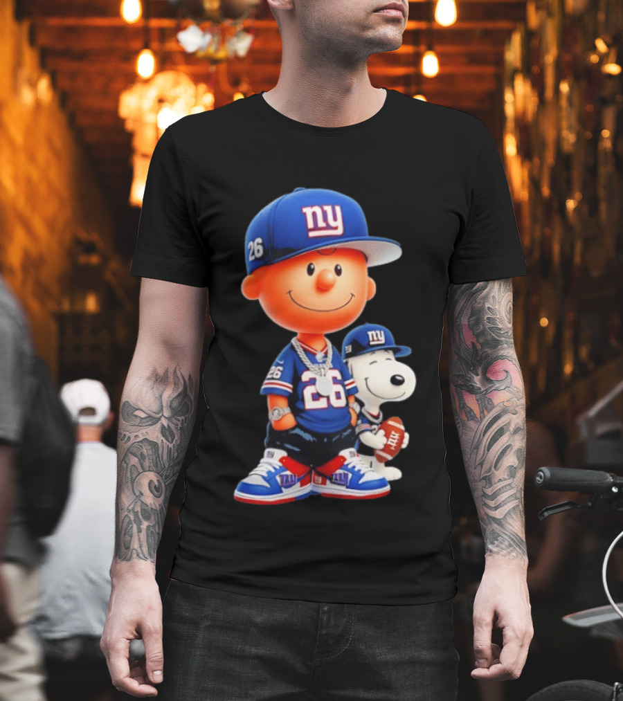 Peanuts Characters In New York Giants Team Sportswear T-Shirt