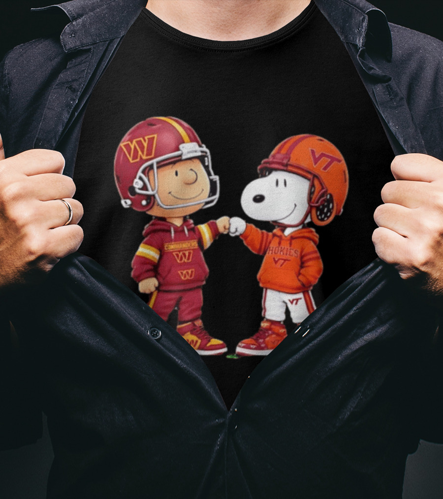 Peanuts Snoopy Charlie Brown Washington Commanders Virginia Tech Hokies Collaboration Fist Bump T-Shirt