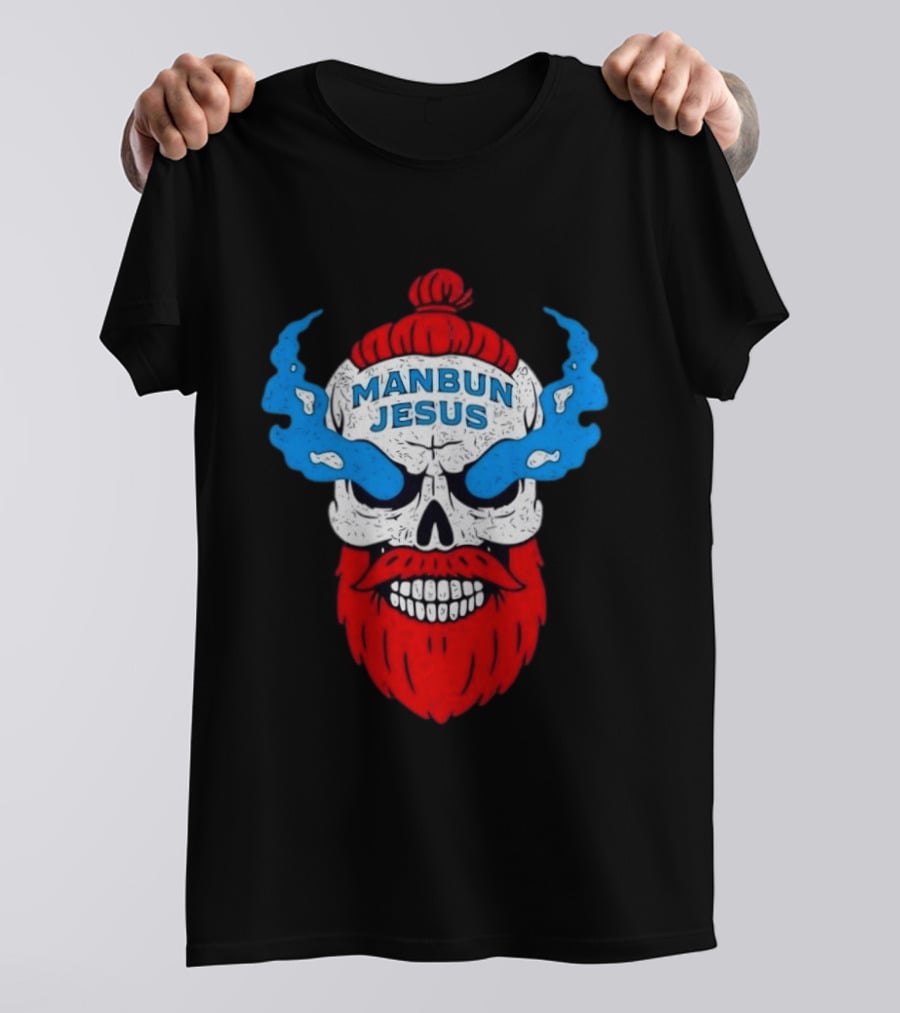 Manbun Jesus Skull Blue Flames Red Beard T-Shirt
