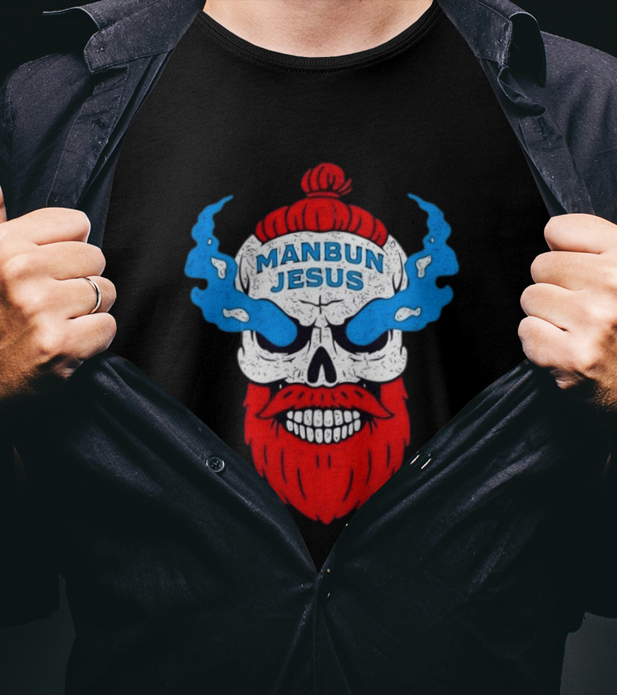 Manbun Jesus Skull Blue Flames Red Beard T-Shirt