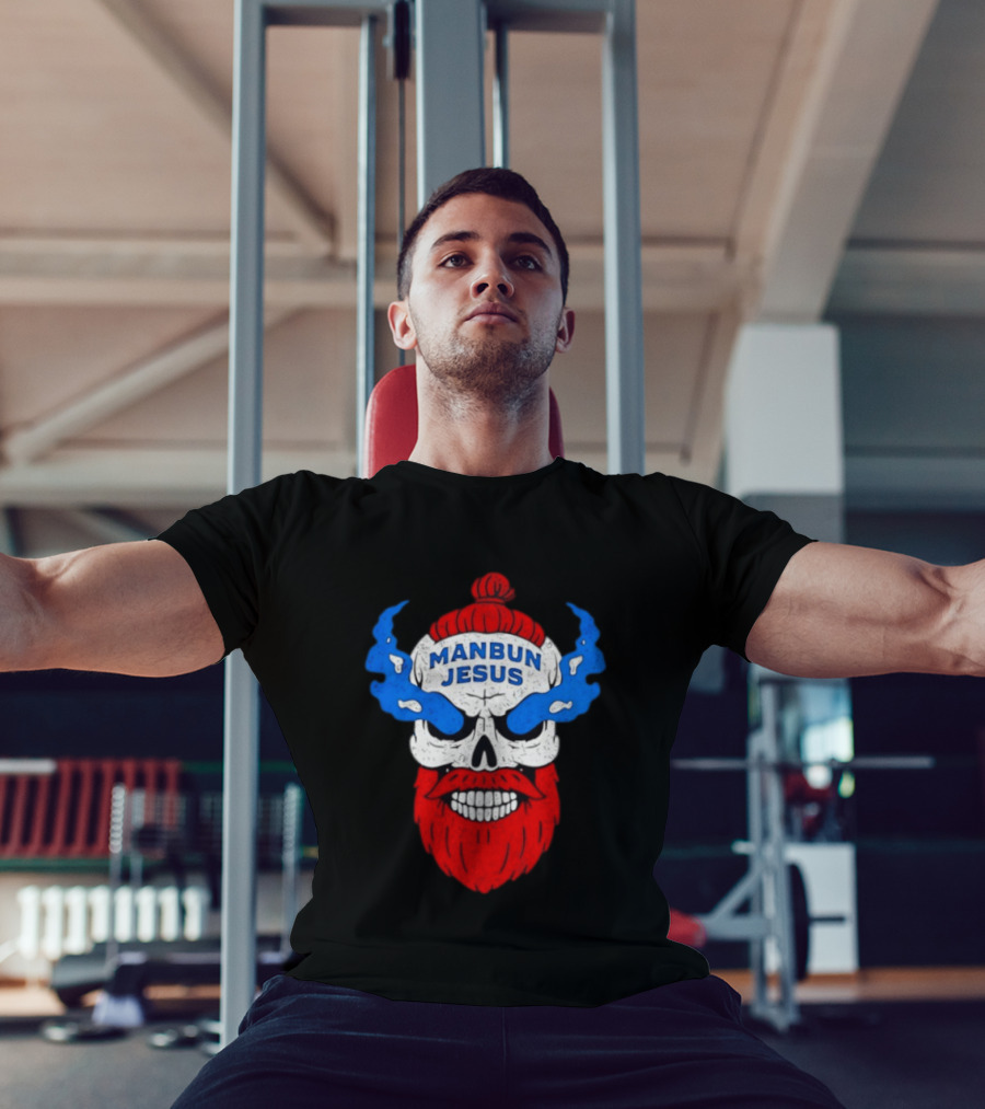 Manbun Jesus Skull Flame Beard Retro Stone Man Cold Bun T-Shirt