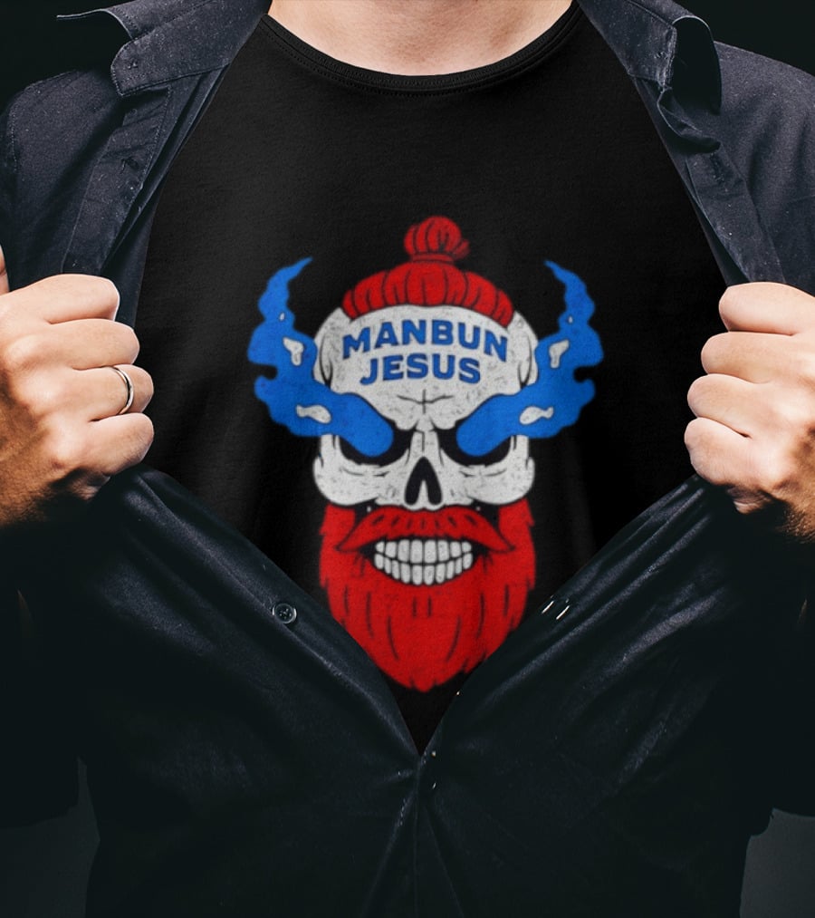 Manbun Jesus Skull Flame Beard Retro Stone Man Cold Bun T-Shirt