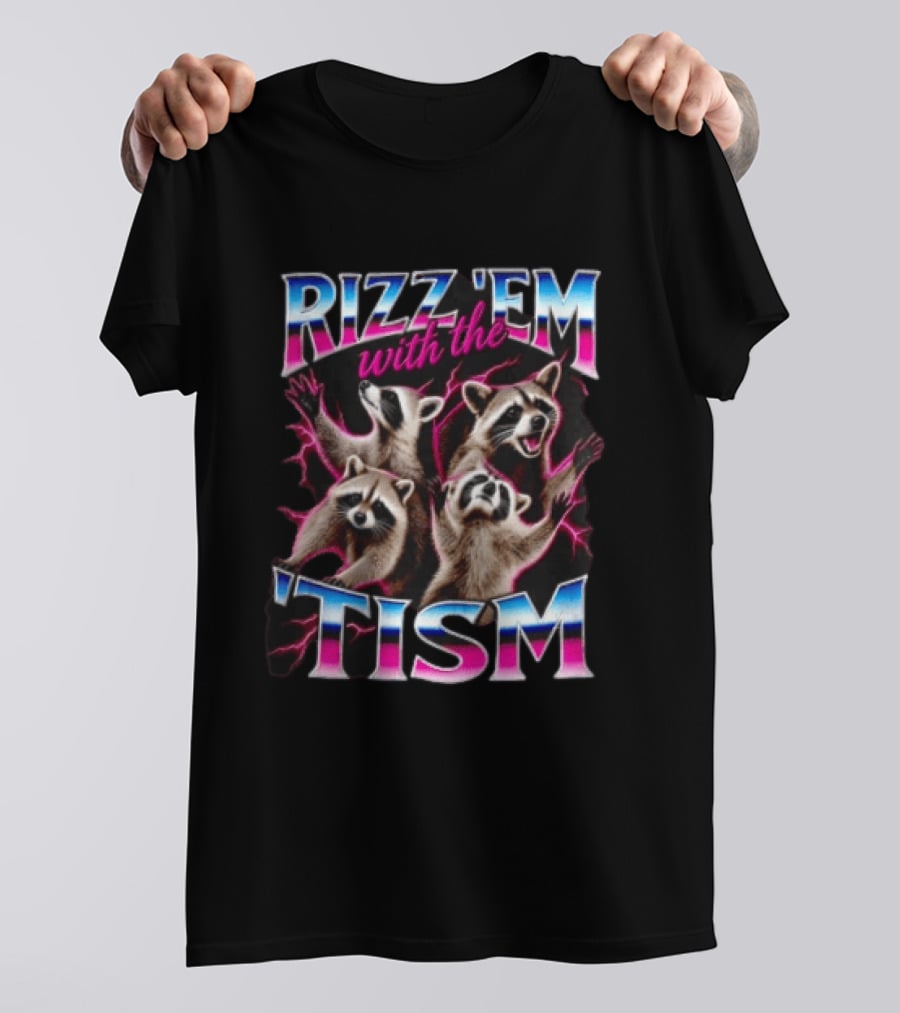Rizz Them With The Tism Four Raccoons Reaching Pink Lightning T-Shirt